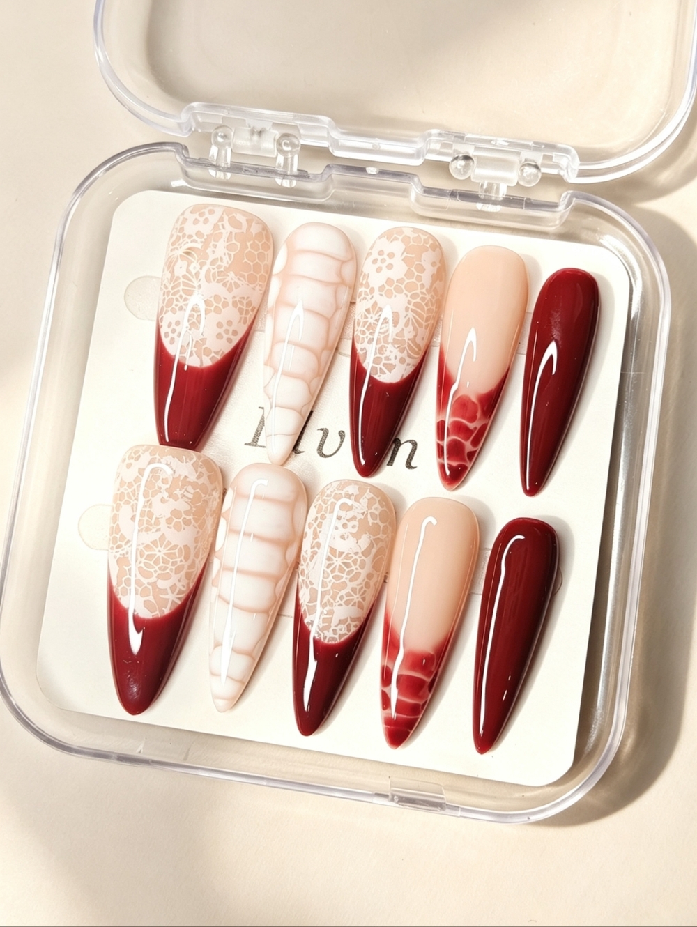 Elegant Red French Tip and White Lace Handmade Stiletto Press On Nails Set